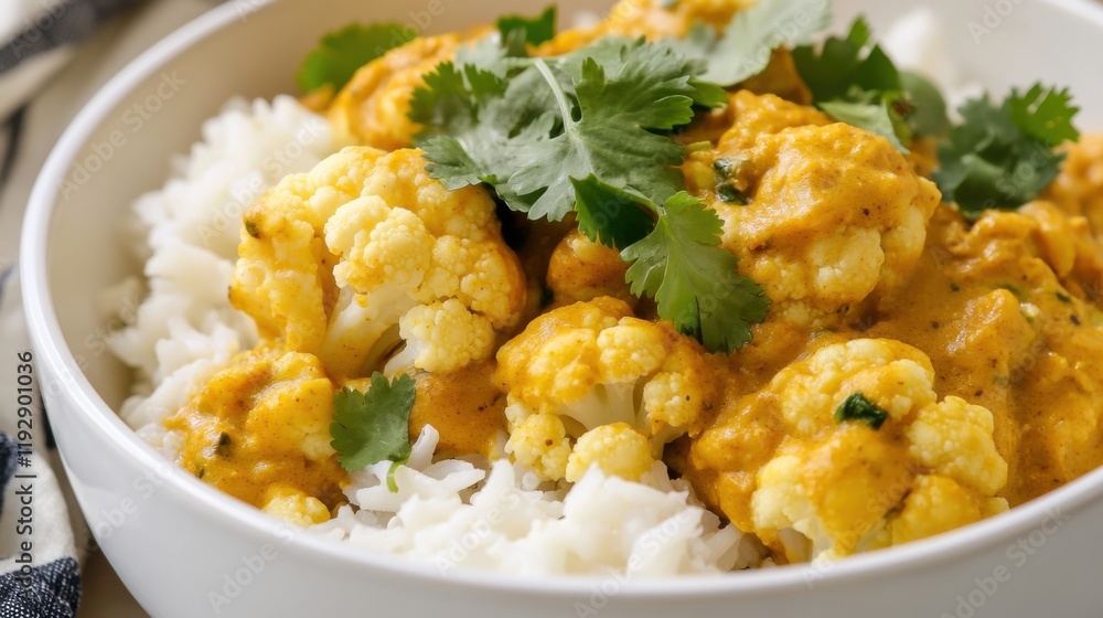 Close-up of rice and cauliflower curry with coconut milk and cilantro in a white bowl, emphasizing creamy and aromatic nature. Ideal for vegetarian meals and exotic flavors. Close-up of rice and cauliflower curry with coconut milk and cilantro in a white bowl, emphasizing creamy and aromatic nature. Ideal for vegetarian meals and exotic flavors.