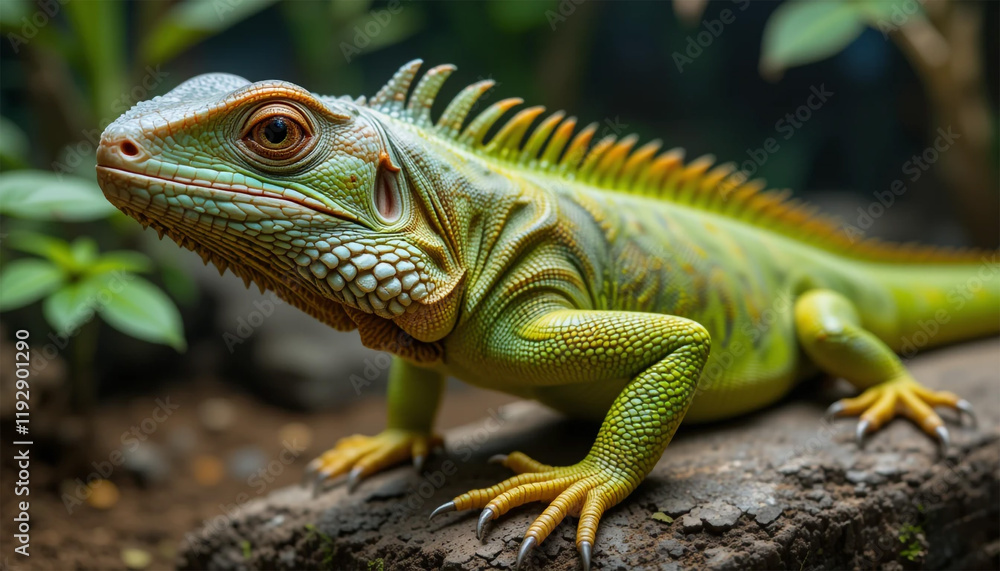 Vibrant Green Iguana Posing on a Wooden Perch Vibrant Green Iguana Posing on a Wooden Perch