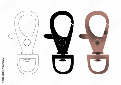 set of metal hook clip designs in three styles: outline, solid black, and shaded metallic finish. Perfect for hardware or accessory visuals