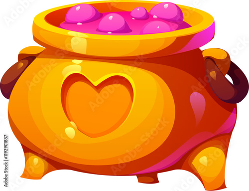 Valentine Day love potion cauldron, vector romantic holiday. Cartoon golden cauldron or cooking pot with heart symbol full of witch potion, alchemist elixir or wizard magic drink with pink bubbles