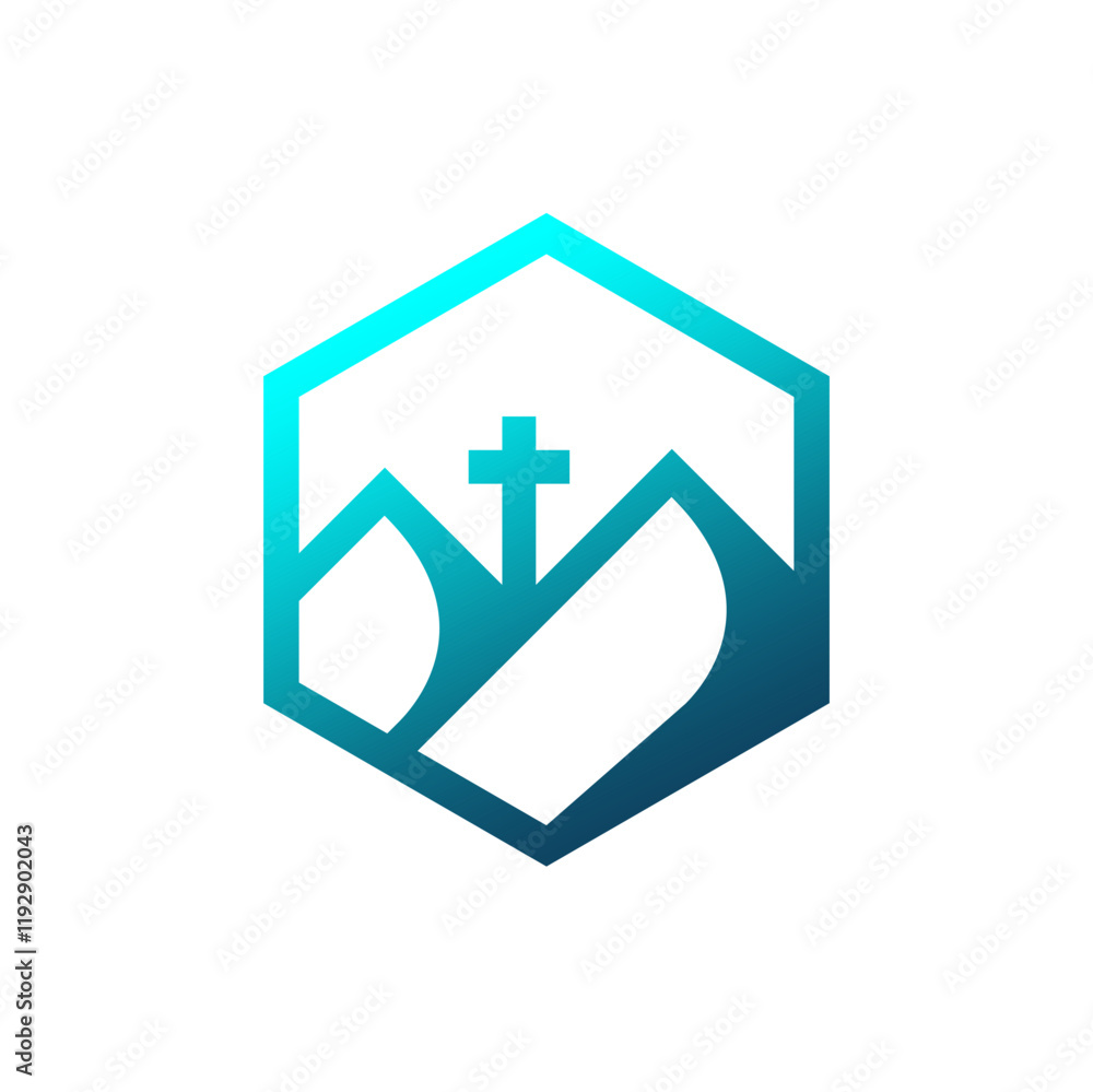 Cross on summit blue logo design. Montain, adventure, religion logo design