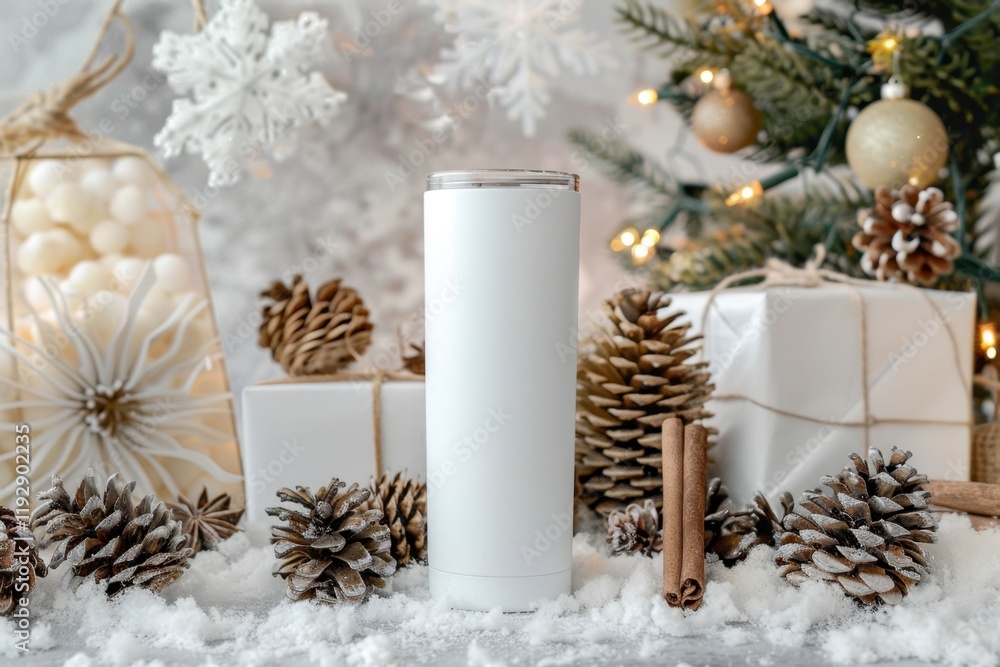 Winter Holiday Scene with White Empty Mug and Pine Cones Decor, Tumbler Mockup Winter Holiday Scene with White Empty Mug and Pine Cones Decor, Tumbler Mockup