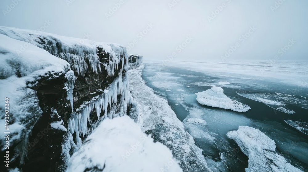 A Frozen Cliffside Wonderland with Jagged Ice Overlooking the Ocean. Winter Season background A Frozen Cliffside Wonderland with Jagged Ice Overlooking the Ocean. Winter Season background