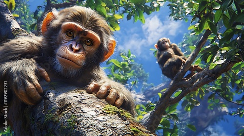 Monkeys scamper up nearby tree.