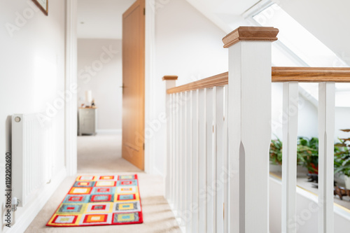 1st floor landing seen on a recently completed loft conversion in a detached bungalow. Skylight windows help produce the bright atmosphere, which leads to a distance bedroom. photo