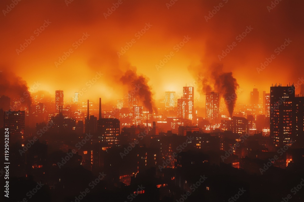 A dramatic cityscape engulfed in flames and smoke, illustrating urban fire hazards and environmental concerns. The chaotic scene raises awareness about climate change effects. A dramatic cityscape engulfed in flames and smoke, illustrating urban fire hazards and environmental concerns. The chaotic scene raises awareness about climate change effects.