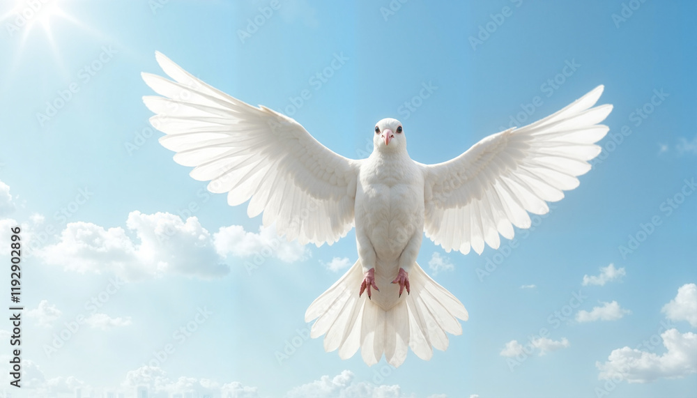 Fototapeta premium White dove in flight with open wings against blue sky.