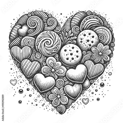 heart composed of various cookies with intricate love-themed patterns, symbolizing sweetness, love, and creativity sketch engraving generative ai vector illustration. Scratch board. Black and white.