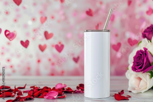 White Travel Mug with Straw Surrounded by Hearts and Roses, Tumbler Mockup