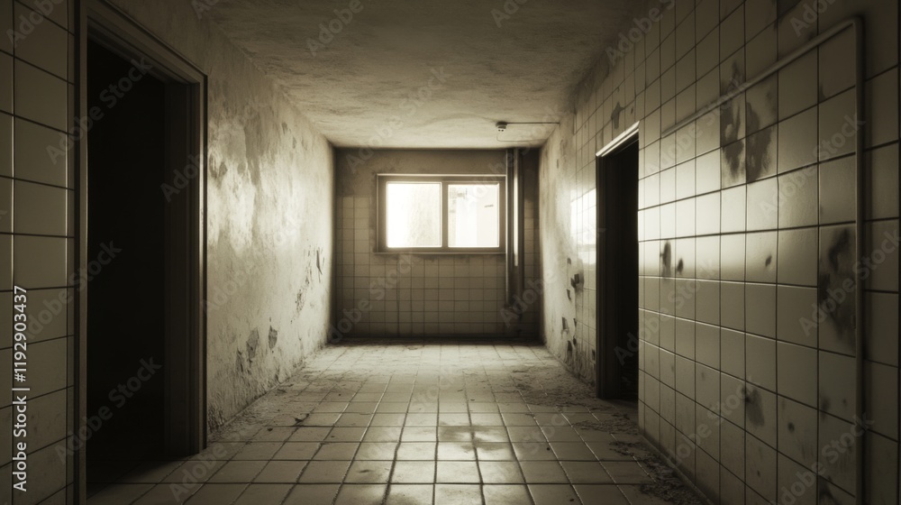 Dark, abandoned hallway with damaged walls and tiled floor. Dark, abandoned hallway with damaged walls and tiled floor.