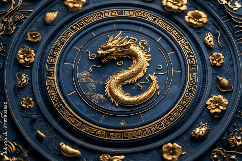 Obraz premium Golden dragon embellishing traditional blue chinese shield