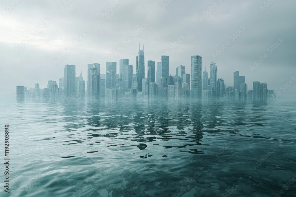 Fototapeta premium A serene view of a city skyline reflected in tranquil waters, enveloped in mist