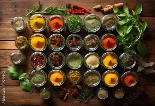 vibrant flat lay composition showcasing assorted spice jars fresh herbs wooden surface rich colors natural textures, aroma, essence, scent, fragrance photo