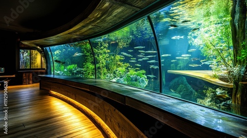 Large curved aquarium with fish and underwater vegetation display