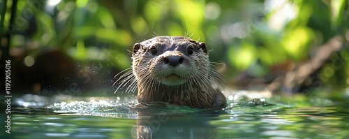 Otter dives in clear jungle pond.