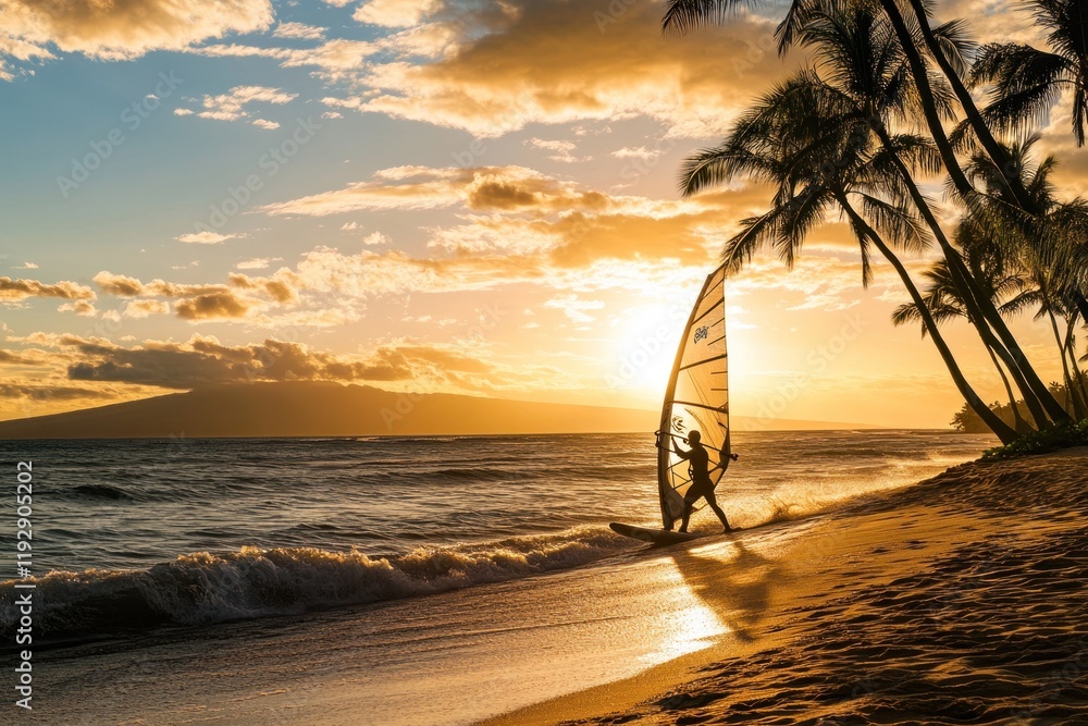 custom made wallpaper toronto digitalA man is windsurfing on Hawaii's beach at sunset, surrounded by palm trees