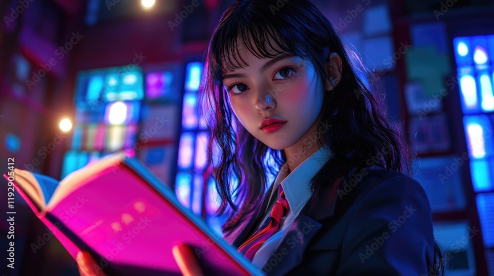 Fototapeta premium Cyberpunk Aesthetic: Girl Reading in Neon Light