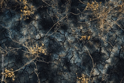 Aerial view of a cracked earth surface, showcasing dry soil with scattered dry plants. This image illustrates the impact of drought and environmental changes on our planet. photo