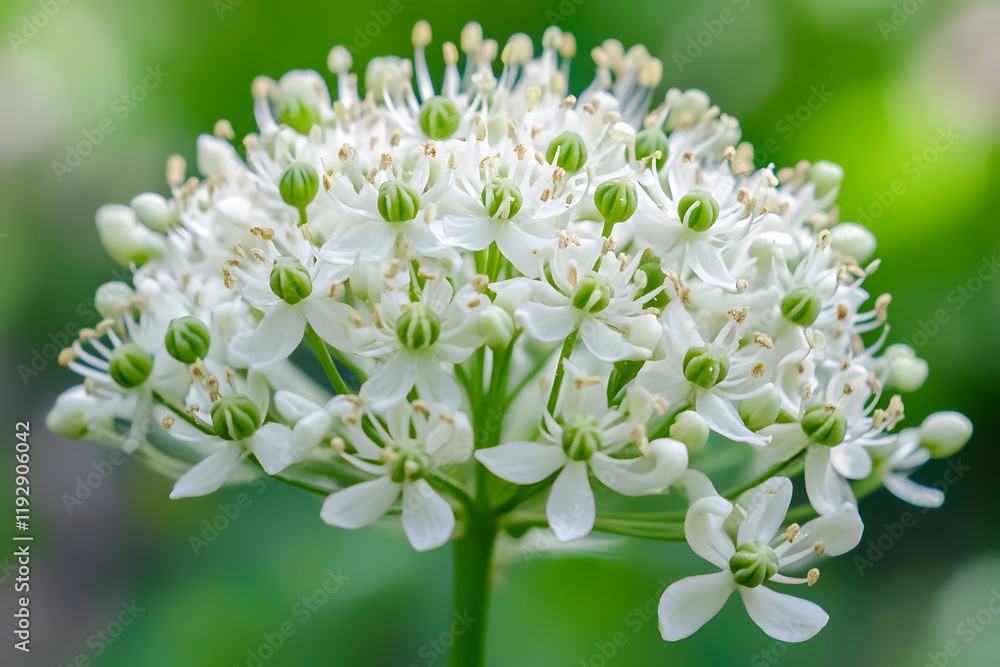 Close-up of a delicate cluster of small white flowers with green centers, blossoming against a soft green background. Nature's artistry at its finest! Close-up of a delicate cluster of small white flowers with green centers, blossoming against a soft green background. Nature's artistry at its finest!