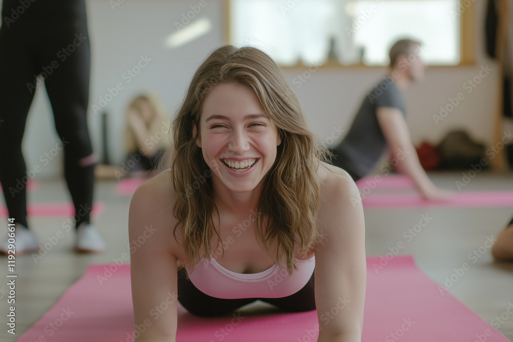 A smiling woman performs a yoga pose on a pink mat during a group fitness class. Others are blurred in the background, also on mats. She is joyful and engaged. A smiling woman performs a yoga pose on a pink mat during a group fitness class. Others are blurred in the background, also on mats. She is joyful and engaged.