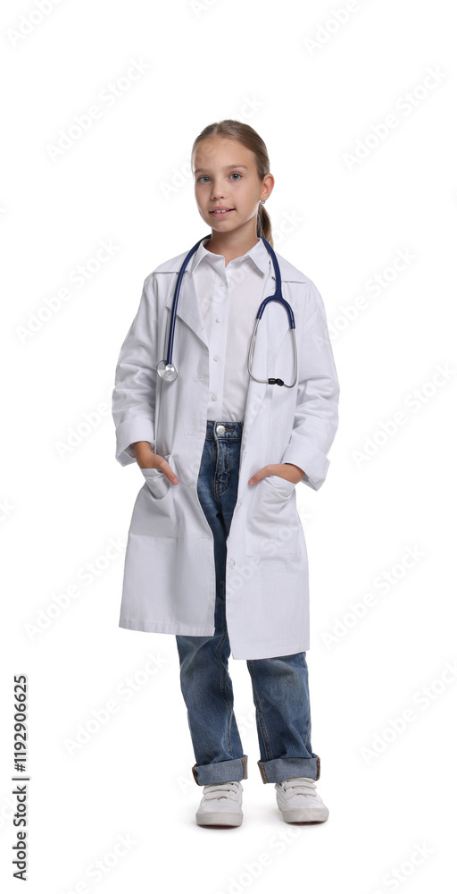 Girl with stethoscope pretending to be doctor on white background. Dreaming of future profession Girl with stethoscope pretending to be doctor on white background. Dreaming of future profession