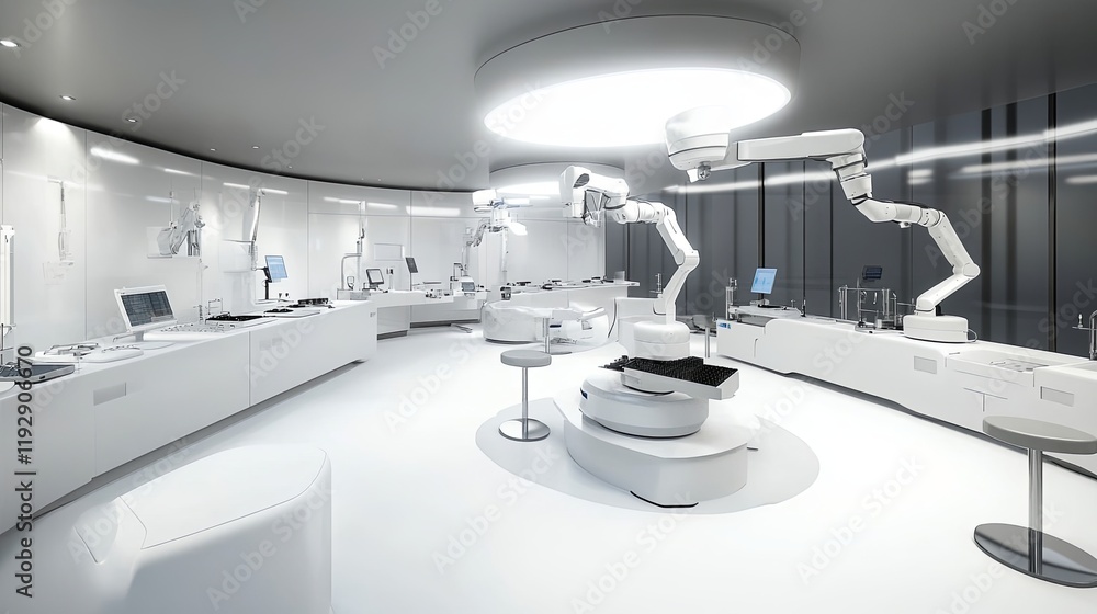 High-tech factory scene with industrial robotic arms precisely assembling battery components on a clean and organized assembly line