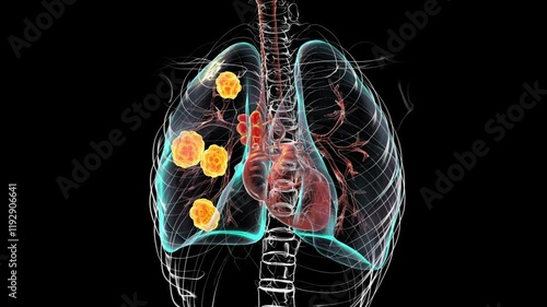 Human lungs affected by blastomycosis, 3D animation showing fungal infection caused by Blastomyces dermatitidis, highlighting lung nodules and granulomas with characteristic morphology. photo