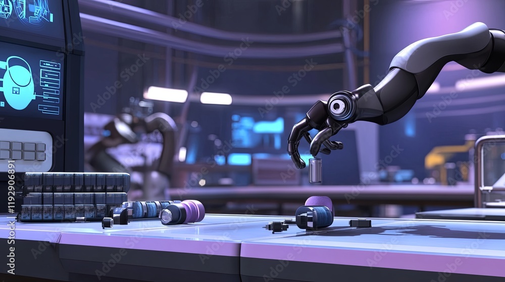 High-tech factory scene with industrial robotic arms precisely assembling battery components on a clean and organized assembly line