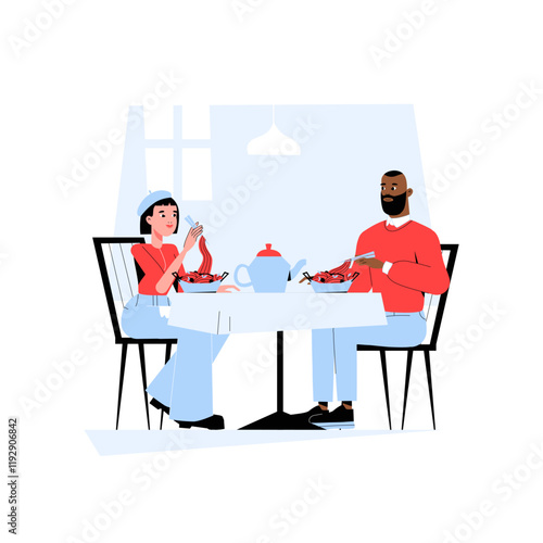 Couple Having Dinner With Teapot On Table In Flat Vector Illustration Symbolizing Dining, Interaction, And Togetherness, Isolated On White Background