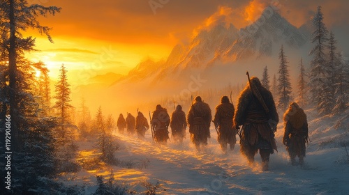 Wallpaper Mural Cavemen trek across snowy landscape at sunset, mountains in background. Torontodigital.ca