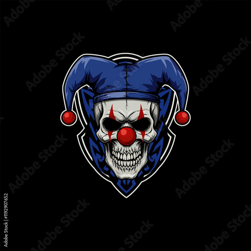 A stylized skull wearing a jester's hat with red clown makeup is depicted in this illustration.