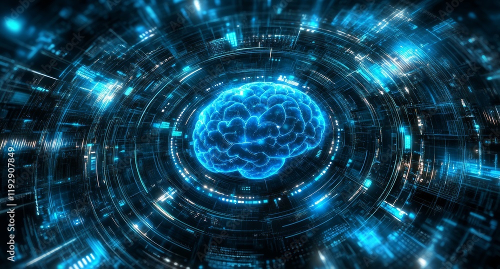 Obraz premium A digital brain with glowing blue lights and holographic effects