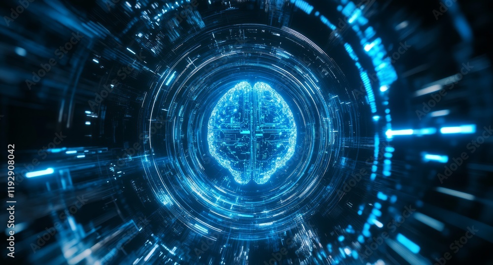 A digital brain with glowing blue lights and holographic effects A digital brain with glowing blue lights and holographic effects