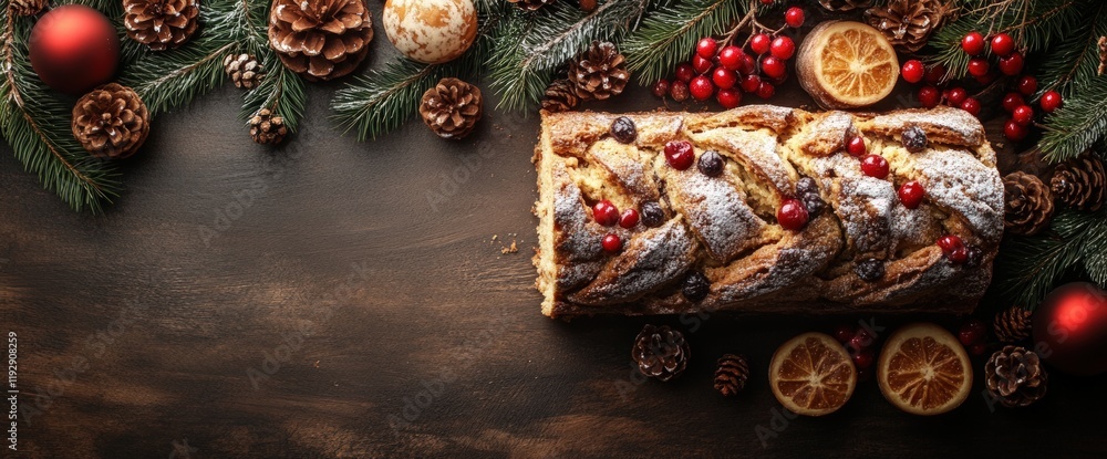 Naklejka premium Christmas Stollen bread on wooden table with festive decorations.
