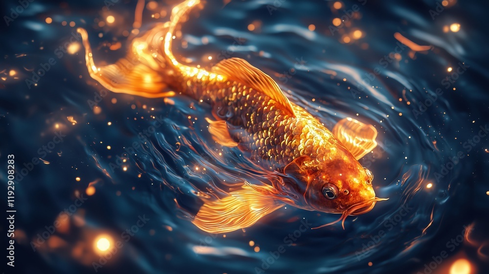 Golden Koi Fish Swimming In Glowing Water Serene Aquatic Scene Golden Koi Fish Swimming In Glowing Water Serene Aquatic Scene