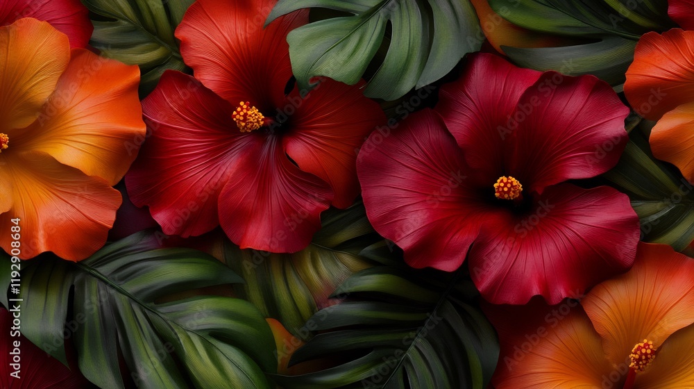 custom made wallpaper toronto digitalVibrant Hibiscus Flowers and Tropical Leaves: A Lush Floral Composition