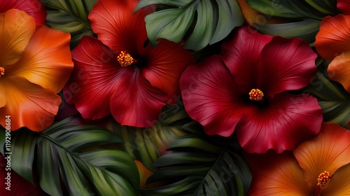 Wallpaper Mural Vibrant Hibiscus Flowers and Tropical Leaves: A Lush Floral Composition Torontodigital.ca