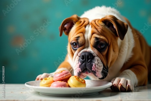 Shaggy British Bulldog sniffing at a plate of sweet treats with a tinge of sadness in his eyes, longing, british breed, sad photo