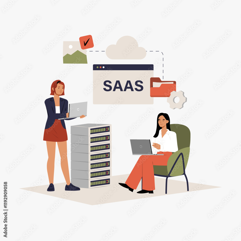 Two female professionals with laptops around SaaS platform and server in flat vector illustration symbolizing cloud computing, teamwork, and data management, isolated on white background. Two female professionals with laptops around SaaS platform and server in flat vector illustration symbolizing cloud computing, teamwork, and data management, isolated on white background.