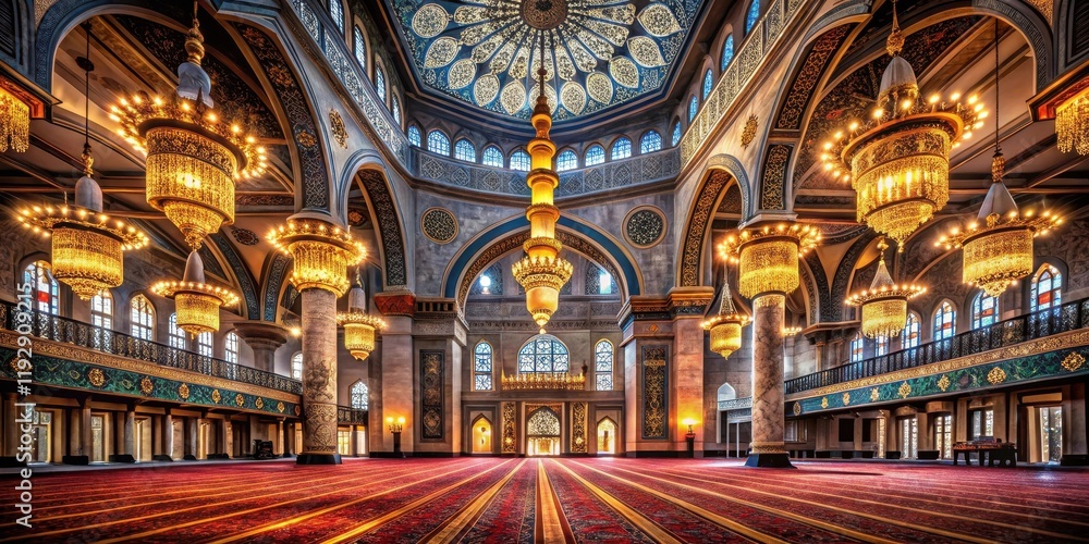 Fototapeta premium Ornate interior of a place of worship with magnificent chandeliers and detailed architecture