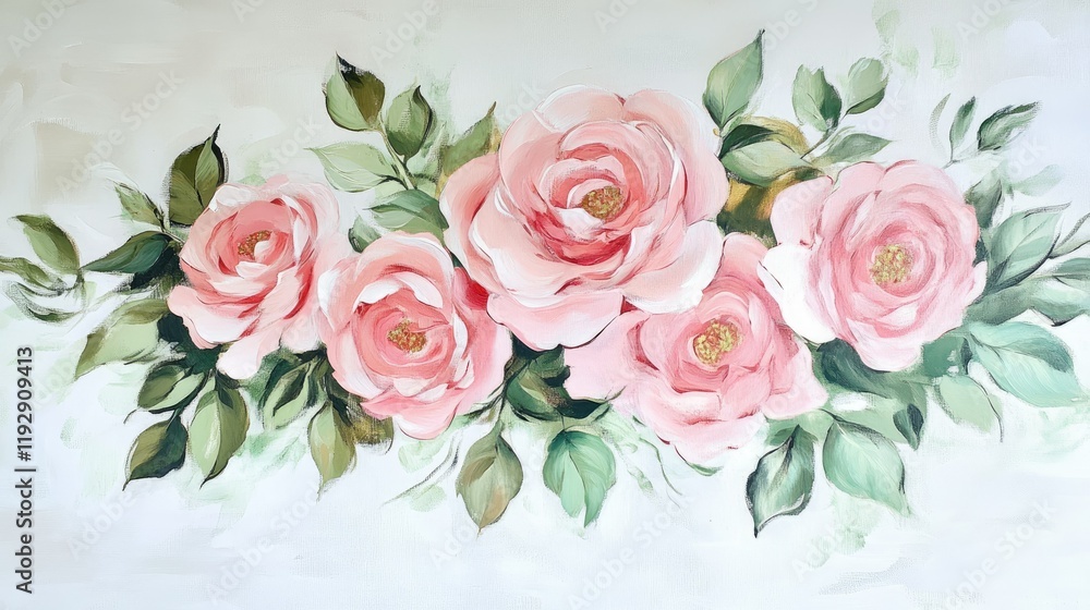Fototapeta premium Beautiful pastel pink roses with green leaves arranged in an elegant floral composition, ideal for home decor, weddings, and feminine designs, perfect for artistic backgrounds.