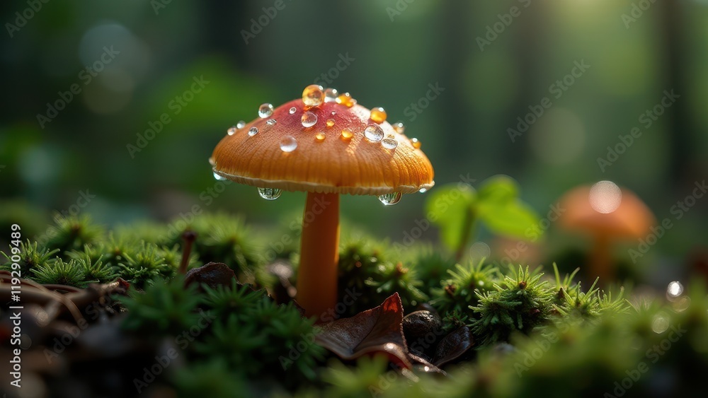 Vibrant Mushroom Covered in Dew in a Forest Scene
Vibrant Mushroom Covered in Dew in a Forest Scene