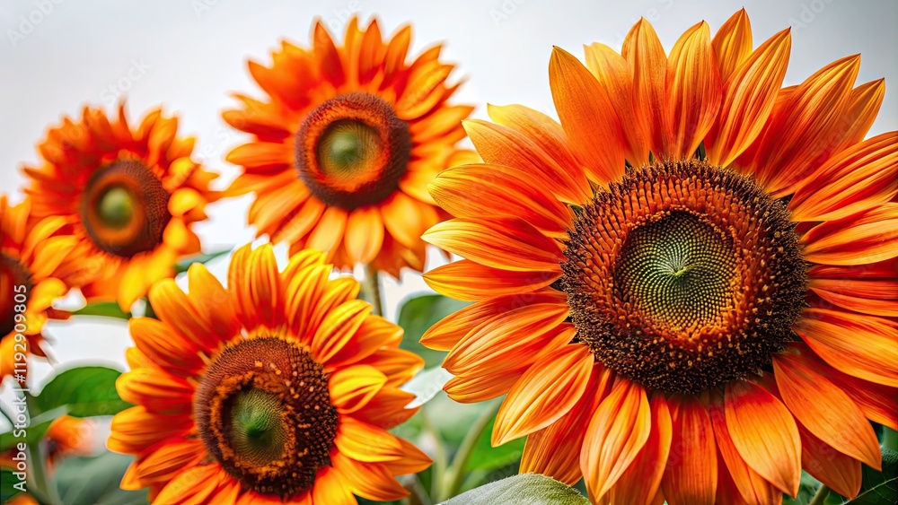Obraz premium Bright orange sunflowers burst against a crisp white backdrop; vibrant floral photography.