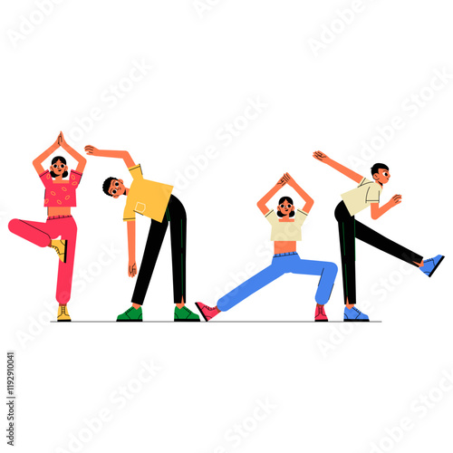 Group Of People Exercising Together In Flat Vector Illustration Symbolizing Fitness, Teamwork, And Active Lifestyle, Isolated On White Background.
