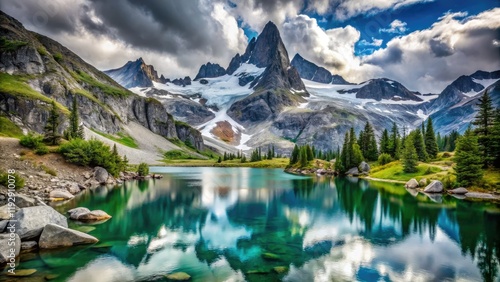 Canadian Rockies:  Glacier Lake mirrors the majestic Bugaboo Spire, running water completing the scene. photo