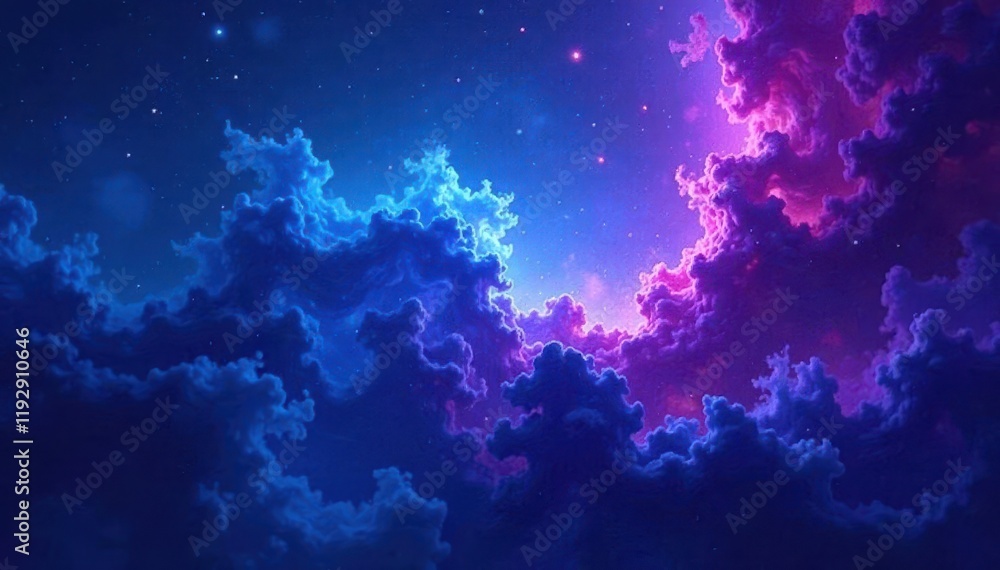 Fototapeta premium Abstract swirling blue purple nebula texture, ample copy space, magical, backdrop
