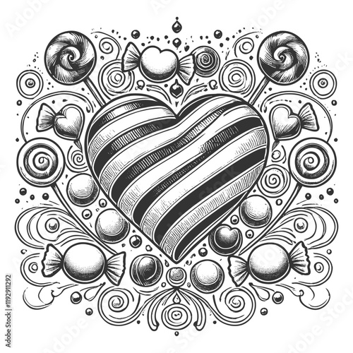 striped heart surrounded by lollipops, candies, and whimsical swirls, evoking sweetness and joy sketch engraving generative ai vector illustration. Scratch board imitation. Black and white image.