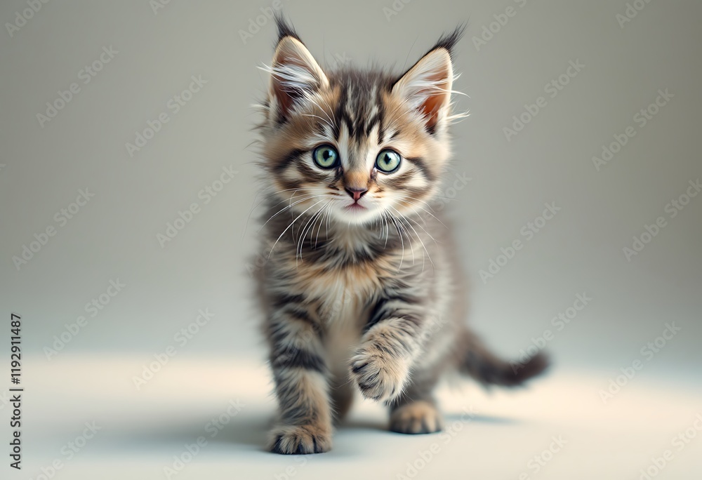 Fototapeta premium Adorable Kitten Walking Forward Cute Tabby Cat Photo