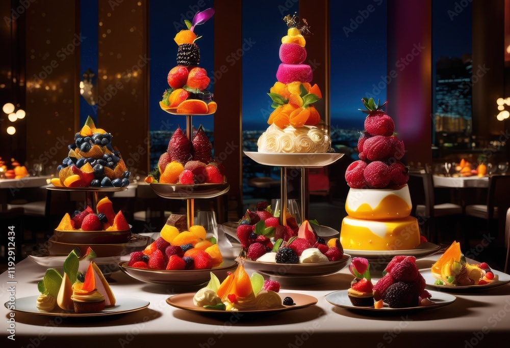 Naklejka premium stunningly vibrant gravity defying culinary delights displaying creative shapes colorful textures visual appeal, appetizer, baking, chef, cream, creation