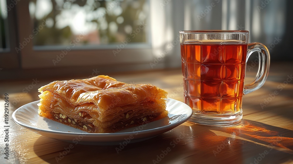 Baklava pastry and a cup of tea on a wooden table by a window. Baklava pastry and a cup of tea on a wooden table by a window.